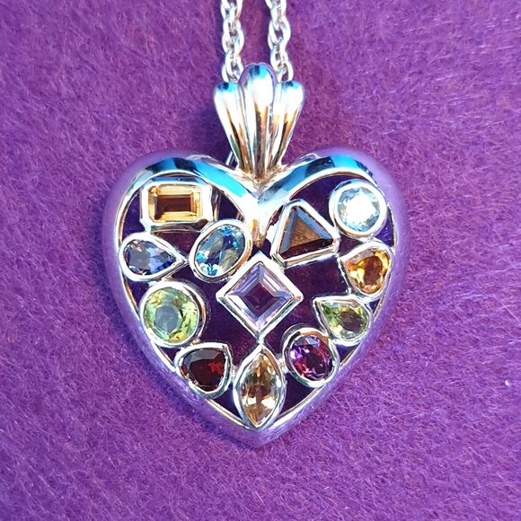 Vintage High Quality Sterling Silver Natural Multi-Gem Heart Pendant Necklace - Picture 5 of 13